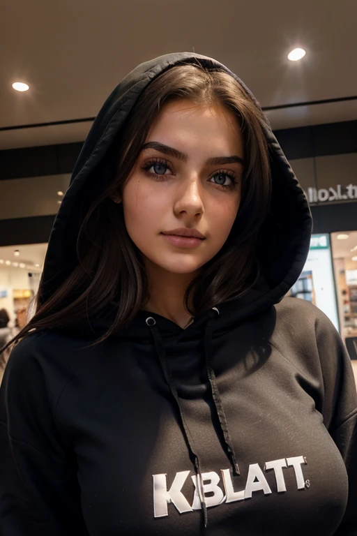 1Girl 18 years old, nur, Lange Haare, midsize boobs, Blick auf den Betrachter, hellbraunes Haar, nackte Schultern, braune Augen, full entire body, Halskette, schulterfrei, hoodie, lips, realistisch, Nase, Flirten mit der Kamera, in a mall