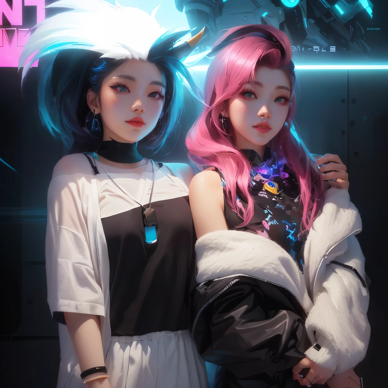 there are two women that are standing next to each other, kda and sam yang, nixeu and sakimichan, jazza and rossdraws, realistic artstyle, realism artstyle, modern anime style, artwork in the style of guweiz, loish and ross tran, anime inspired, anime styled 3d, in cyber punk 2077