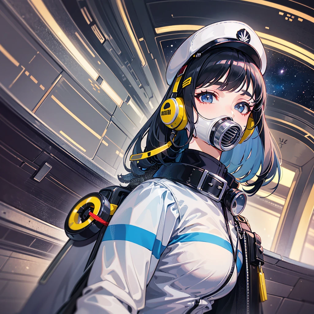 (((masterpiece、Top image quality、top-quality、highly detailed unity 8kwall-paper)))、(Illustration of one woman)、30-years old、(Viceroy)、((Black hair bob cut))、(((Gas mask covering the mouth)))、(((Gas mask covering the mouth)))、Gray eyes、((Tall))、((huge tit))、((Military uniforms))、((Military Cap))、((Military coat))、(white clothes)、(White pants)、(White cap)、trench coat、(((Inside a futuristic spaceship、Inside the bridge、The Universe on the Monitor)))