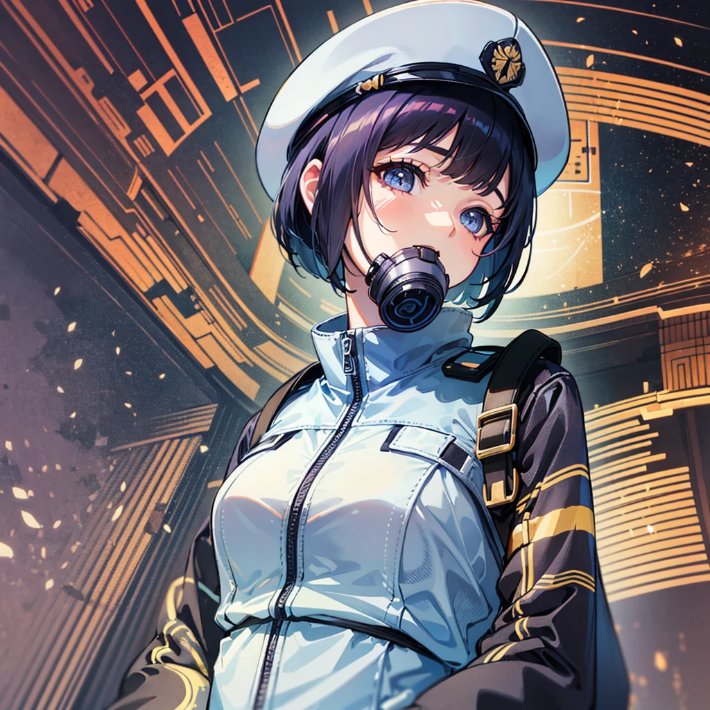(((masterpiece、Top image quality、top-quality、highly detailed unity 8kwall-paper)))、(Illustration of one woman)、30-years old、(Viceroy)、((Black hair bob cut))、(((Gas mask covering the mouth)))、(((Gas mask covering the mouth)))、Gray eyes、((Tall))、((huge tit))、((Military uniforms))、((Military Cap))、((Military coat))、(white clothes)、(White pants)、(White cap)、trench coat、(((Inside a futuristic spaceship、Inside the bridge、The Universe on the Monitor)))