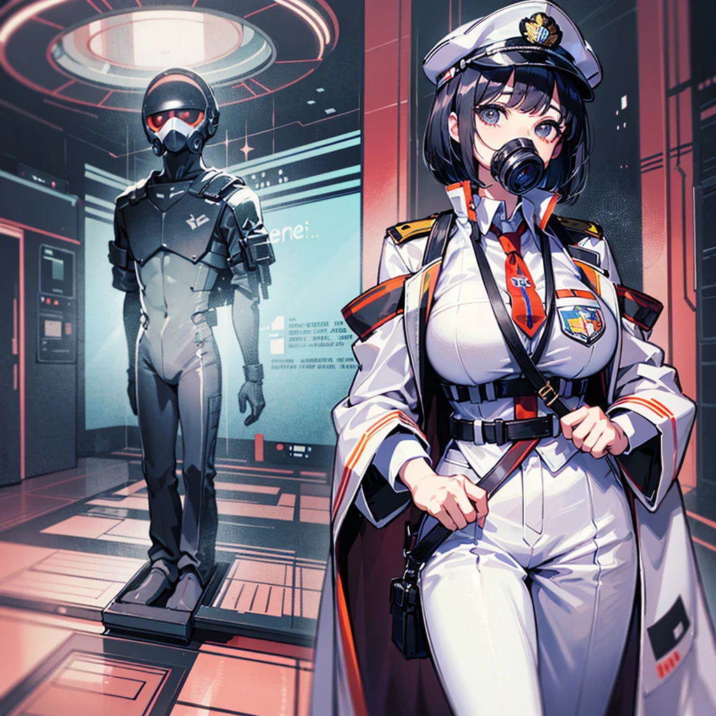 (((masterpiece、Top image quality、top-quality、highly detailed unity 8kwall-paper)))、(Illustration of one woman)、30-years old、(Viceroy)、((Black hair bob cut))、(((Gas mask covering the mouth)))、(((Gas mask covering the mouth)))、Gray eyes、((Tall))、((huge tit))、((Military uniforms))、((Military Cap))、((Military coat))、(white clothes)、(White pants)、(White cap)、trench coat、(((Inside a futuristic spaceship、Inside the bridge、The Universe on the Monitor)))