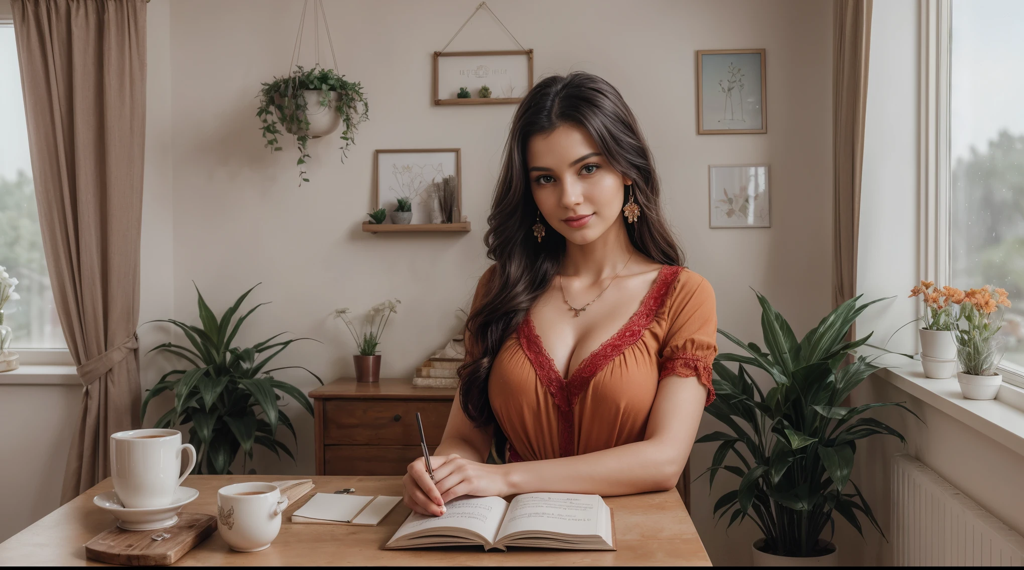 8k, masterpiece, RAW photo, best quality, photorealistic, extremely detailed CG unity 8k wallpaper, Depth of field, Cinematic Light, Lens Flare, Ray tracing, (extremely beautiful face, beautiful lips, beautiful eyes), intricate detail face, ((ultra detailed skin)) 1girl, ars old, studying in her aesthetic room, deep shadow, [Raiana-Elizabeth-Dilla], pretty girl, (very slim slender fit-muscled body:1.3), ((looking at viewer)),(big smile:1), (sexy ((ultra-short ((red:1.3)) bohemian-style mini-shirt-dress, traditional fashion),(without people in the background:1.3), girl studying in her aesthetic room, cozy atmosphere, natural lighting, vintage furniture, inspiring quotes on the walls, plants and flowers on the windowsill, warm color palette, soft and comfortable seating area, beautiful artwork on the walls, dainty desk accessories, organized bookshelves, a cup of coffee on the table, dreamy curtains, fairy lights, motivational books and stationery, a cozy blanket, a laptop and notebooks on the desk, a peaceful and calm ambiance, serene music playing in the background. beautiful earrings, bracelets, necklace, clear eyes, (pale skin), (big eyeace forward, ((full body cinematic shot)), (black hairs), (looking at viewer:1.3) open breast, very slim, large breasts, touching the breast, highly detailed, ultra realistic,