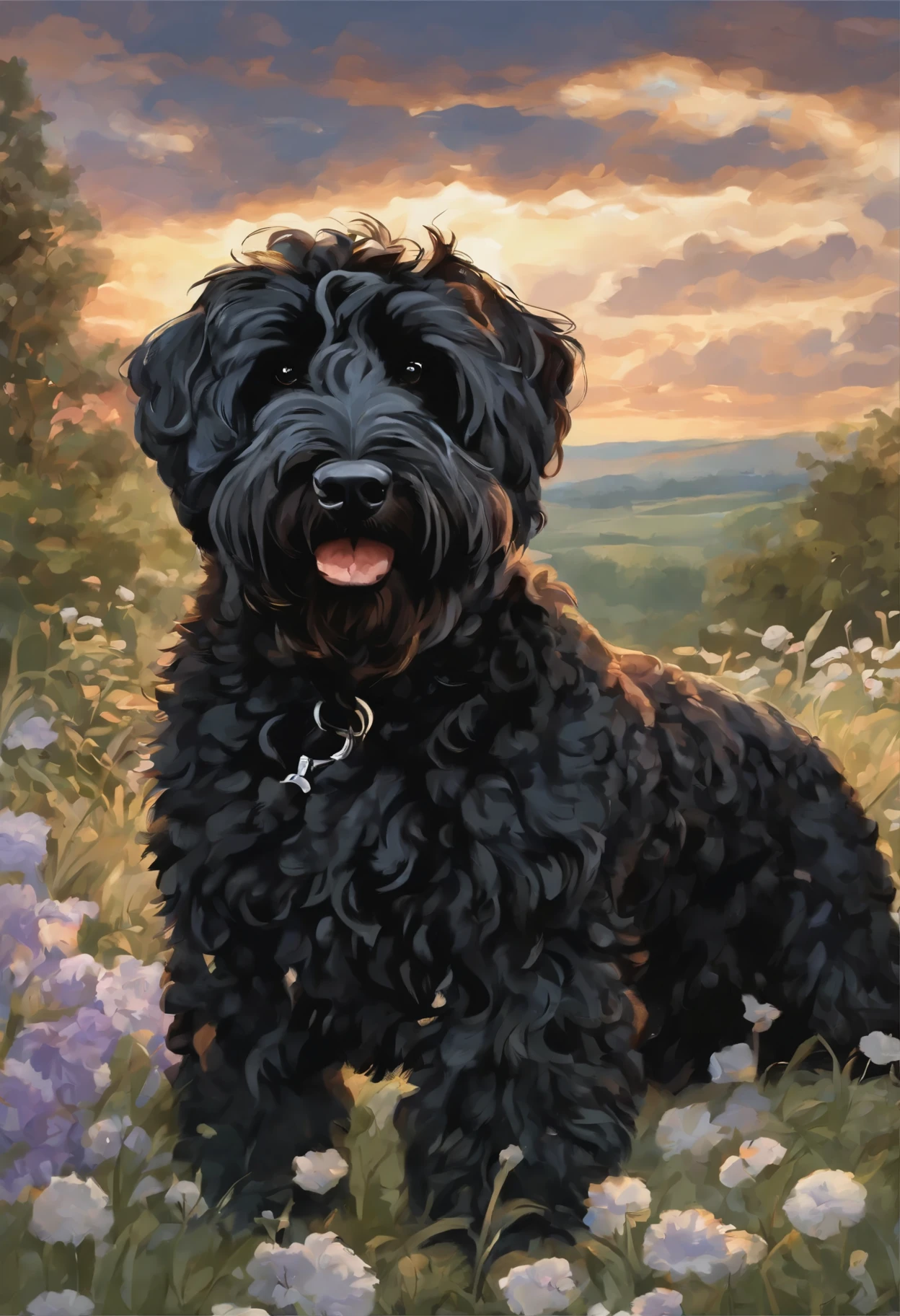 Close-up of black Russian Terrier,  Color (black) runs a race with the clouds,   Русский черный терьер runs a race with the clouds, fluffy clouds, casimir art, illustration of shigenori soejima, boris valejo. Smiling black Russian terrier, Detailed drawing of an anime character, подробный anime key figure, Granblue Fantasy, Beautiful black Russian Terrier in Demon Slayer Art, Taisho Roman, A clear portrait of an RPG, Masamune Shiro, anime key figure