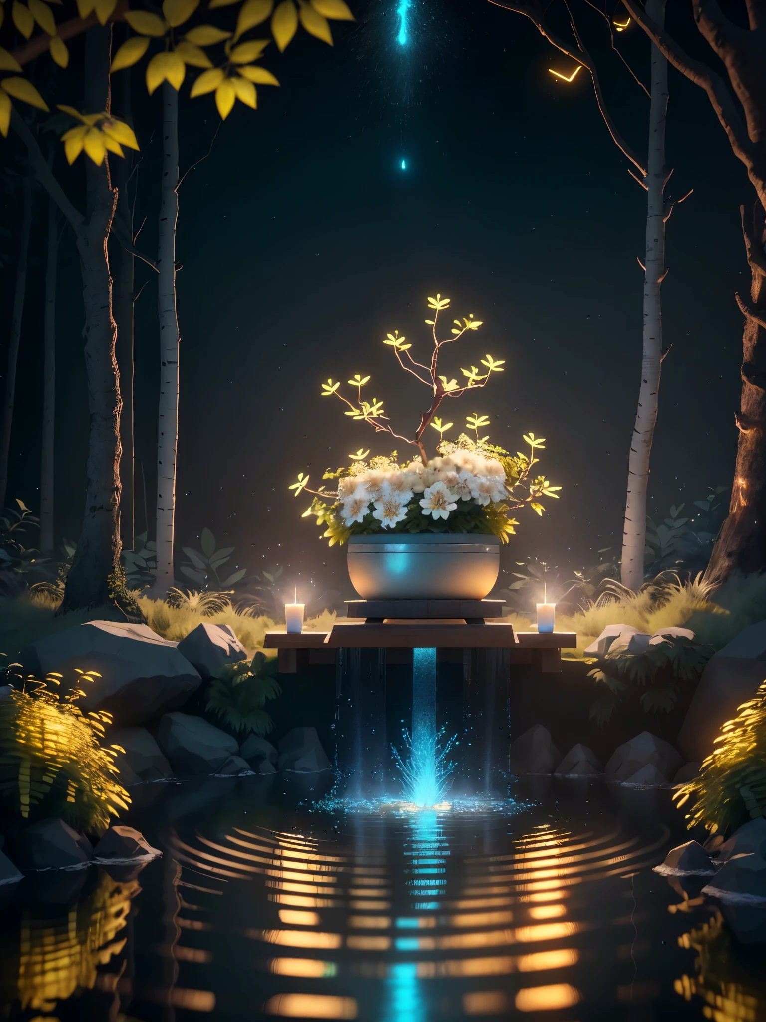 3D-rendering,Estilo realista,design de jogo em estilo low poly ,Sprite de brilho, com um cervo brilhante, in a pool Drinking water, elementos naturais no tema floresta. floresta misteriosa, Floresta bonita, Natureza, Cercado por flores, delicate folhas and branches surrounded by fireflies (elementos naturais), (Tema Selva), (folhas), (galhos), (particle effects),Vray rendering,Art Station, alta qualidade, ultra-high definition details,design conceitual,Cinematic light, very high definition, High details, 8k, hyper realistic, High detail,global ilumination,realistic lighting,Unreal Engine Rendering,Substance 3D, octane rendering,