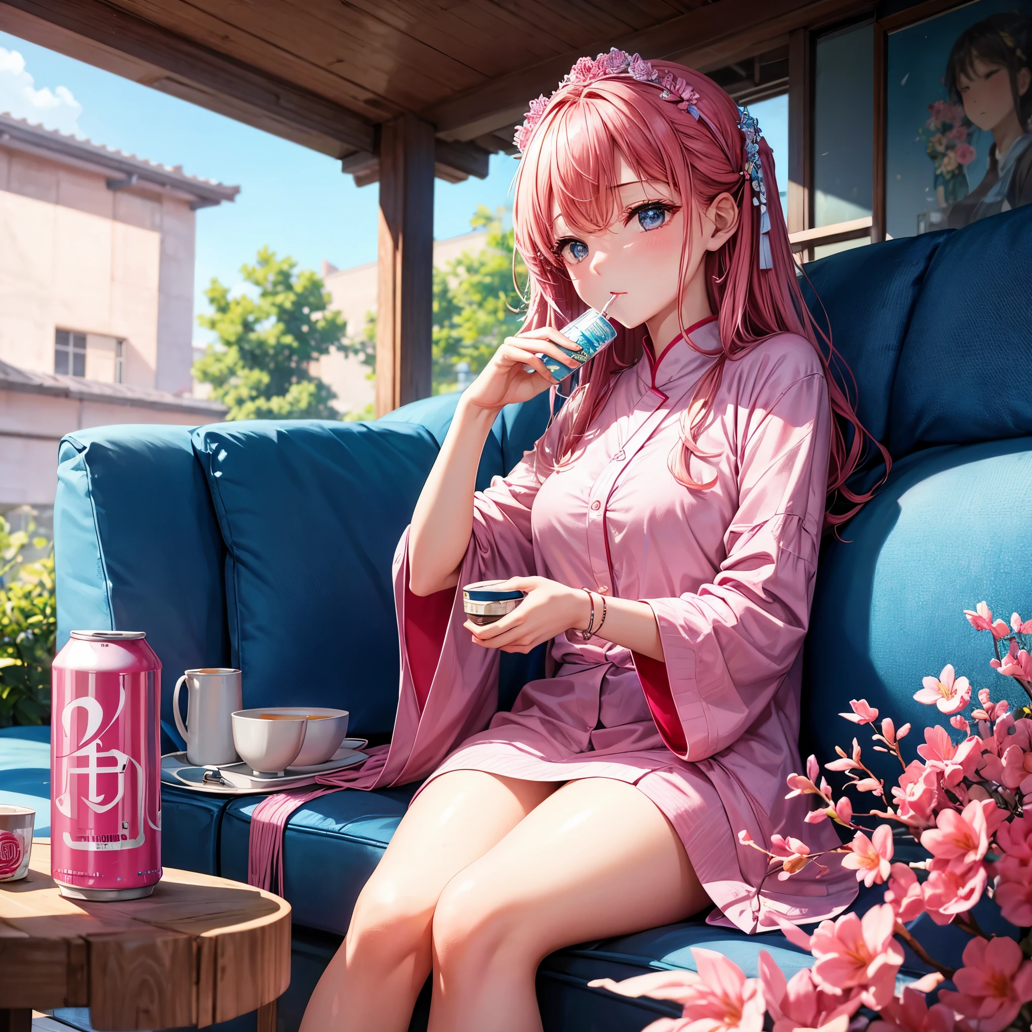 Elegant woman Drinking from a pink and blue can at home, inside the can、 "By oneself" It is written there, Drinking, Duan, Laid back, Be red in the face, glinting, unwind, slightly drunk, productphoto