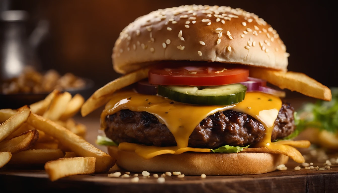 a top-down shot of a cheeseburger on a rustic wooden table, with sesame seeds sprinkled on the bun and a side of crispy golden fries, creating a classic American diner aesthetic