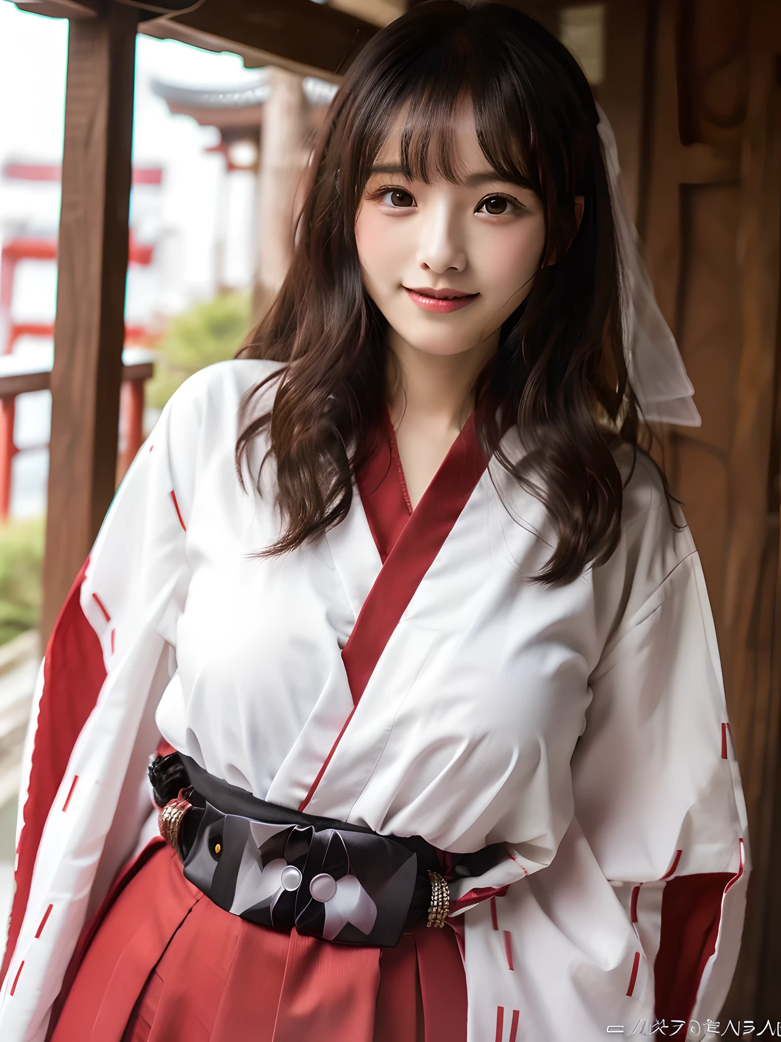 ulzzang -6500-v1.1,(masutepiece, top-quality:1.3),(Top image quality,8K:1.3),Realistic high-quality photos,top-quality,Real, Photorealistic, 8K, High resolution, BREAK 1 Japanese girl, 18 years old,Beautiful Girl, extra details black eyes, Very detailed face, Floating hair, Solo Standing, shrine maiden, shrine maiden_Clothes, Red Hakama, shrine maiden_Dress, (Black hair) Bangs, blush gentle smile, Large breasts, BREAK Shrine , Detailed background,