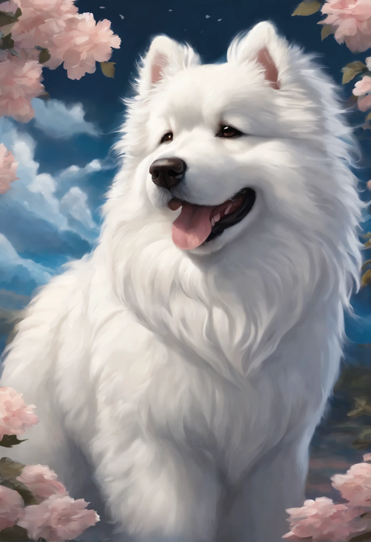Close-up of a Samoyed dog,  Color (white fluffy) runs a race with the clouds, собака породы  самоед runs a race with the clouds, fluffy clouds, casimir art, illustration of shigenori soejima, boris valejo. Smiling Samoyed, Detailed drawing of an anime character, подробный anime key figure, Granblue Fantasy, Beautiful black Russian terrier in the art of demon slayer, Taisho Roman, A clear portrait of an RPG, Masamune Shiro, anime key figure
