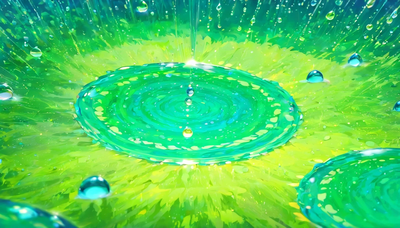 an abstract shot of water droplets on a vibrating surface, with multiple droplets creating unique and unpredictable patterns, showcasing the chaos and beauty that arises from the influence of vibration on water