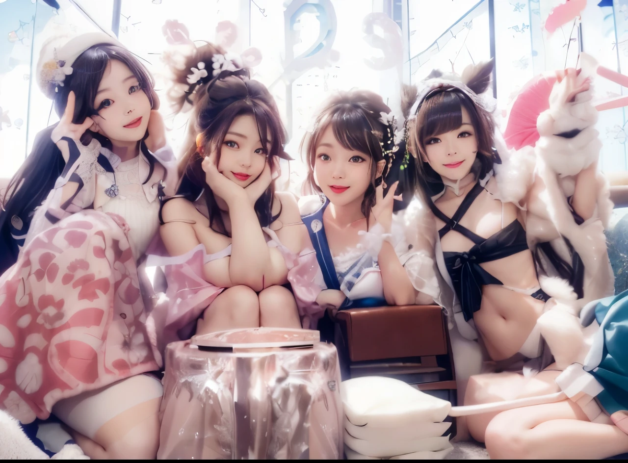 Several girls sitting on the sofa with their hands up, Beautiful fece女子, trending at cgstation, blog-photo, Cute:2, exclusive, wining, stylish pose, Happy!!!, sakimichan, Eyebeads, godesses, by Sengai, Cute girls, Elegant Pose, けもの, grand!, Beautiful fece、a gorgeous、doress