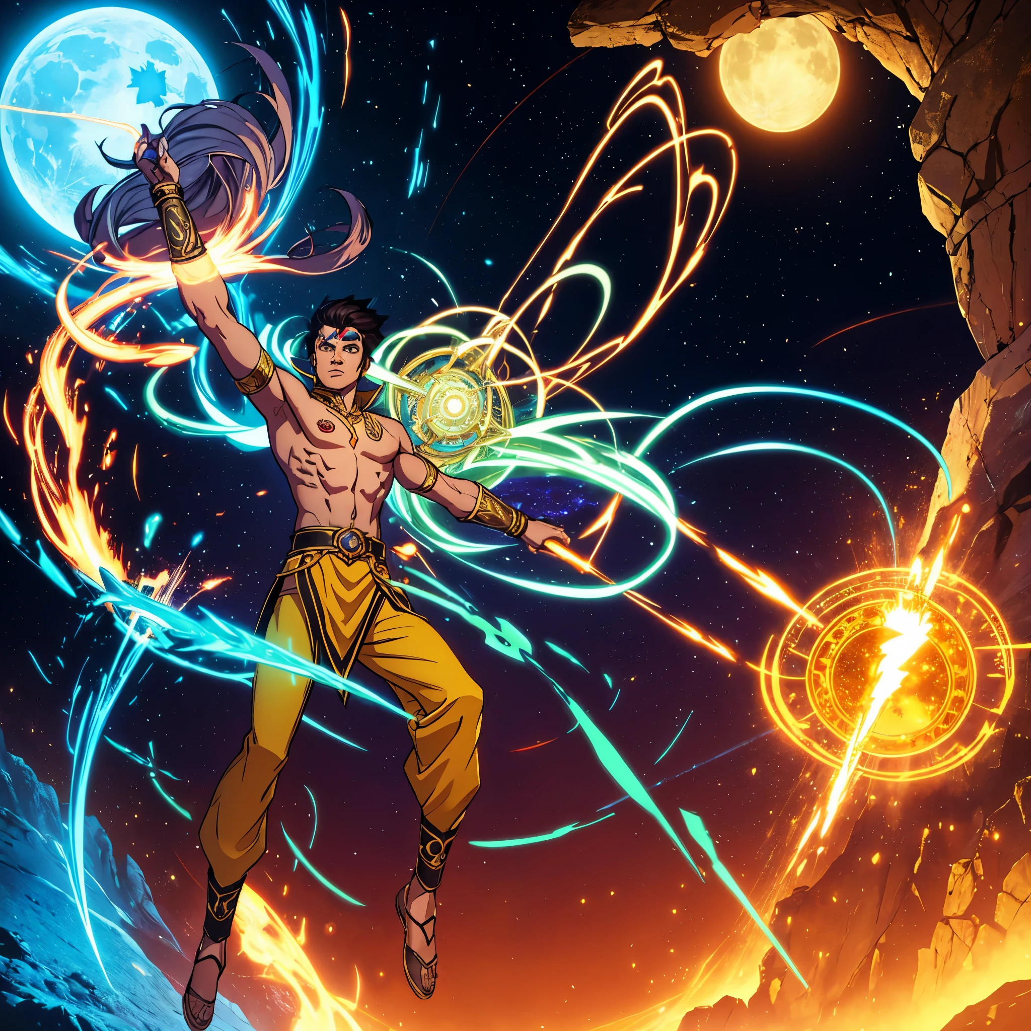 Saffron pants glow with cyber-veins, merging with sky-blue silk kurta ablaze with cosmic holograms. Surya putra, sun-kissed and mehndi-wired, strides forth, emerald eyes holding Himalayan calm and lightning's spark. A jeweled khanda hums on his neural-laced belt, bronze cyber-arm glinting. His silver chakram, moon-edged and wind-whispered, sings of ancient might and future battles. He stands, dharma's champion, tradition's storm-prince, in this twilight of tech and temple.
