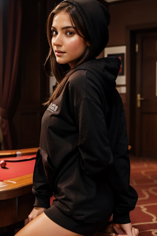 1Girl 18 years old, nur, Lange Haare, midsize boobs, Blick auf den Betrachter, hellbraunes Haar, nackte Schultern, braune Augen, full entire body, Halskette, schulterfrei, hoodie, lips, realistisch, Nase, Flirten mit der Kamera, in a casino