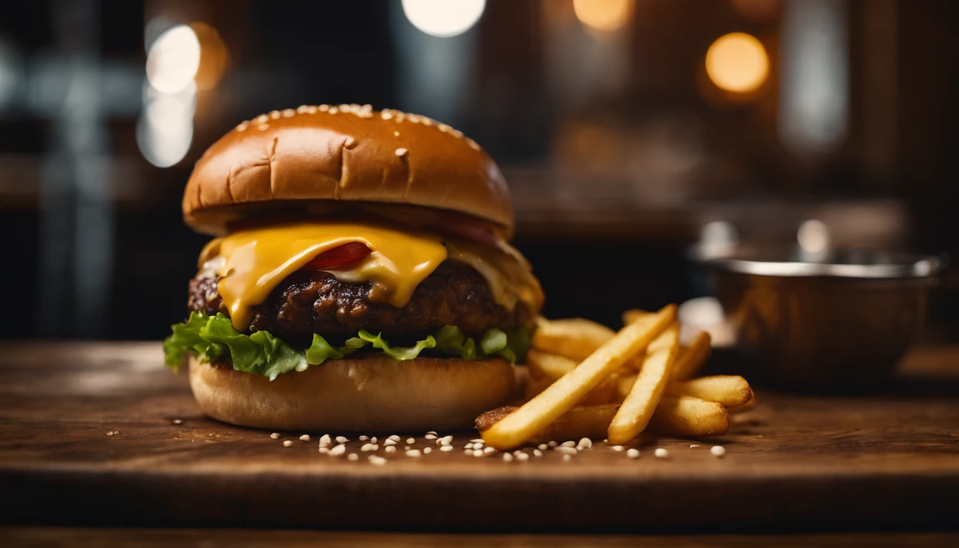 a top-down shot of a cheeseburger on a rustic wooden table, with sesame seeds sprinkled on the bun and a side of crispy golden fries, creating a classic American diner aesthetic