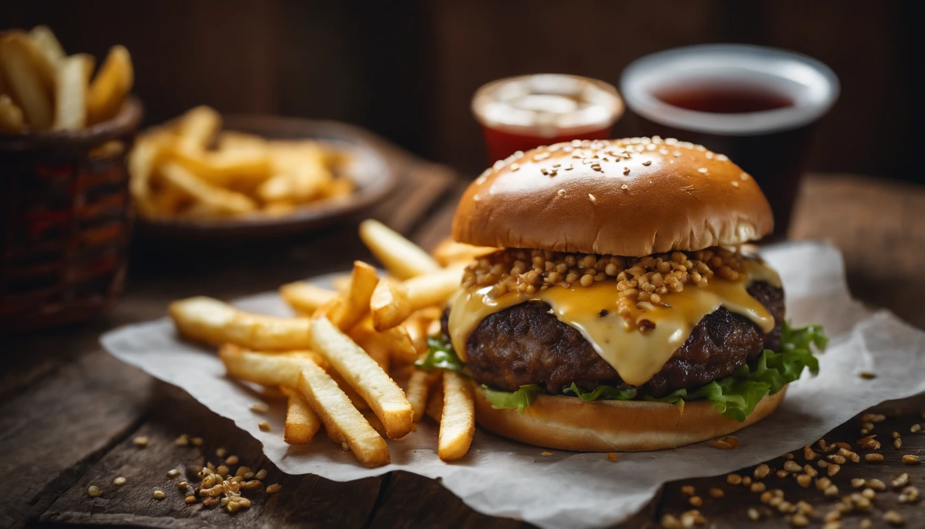 a top-down shot of a cheeseburger on a rustic wooden table, with sesame seeds sprinkled on the bun and a side of crispy golden fries, creating a classic American diner aesthetic