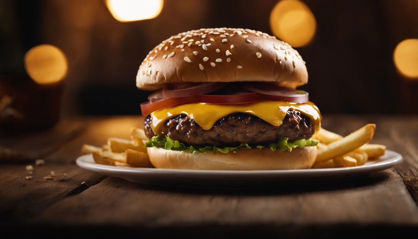 a top-down shot of a cheeseburger on a rustic wooden table, with sesame seeds sprinkled on the bun and a side of crispy golden fries, creating a classic American diner aesthetic