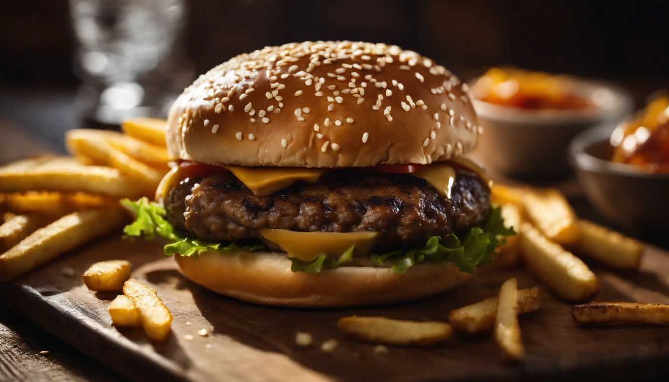 a top-down shot of a cheeseburger on a rustic wooden table, with sesame seeds sprinkled on the bun and a side of crispy golden fries, creating a classic American diner aesthetic