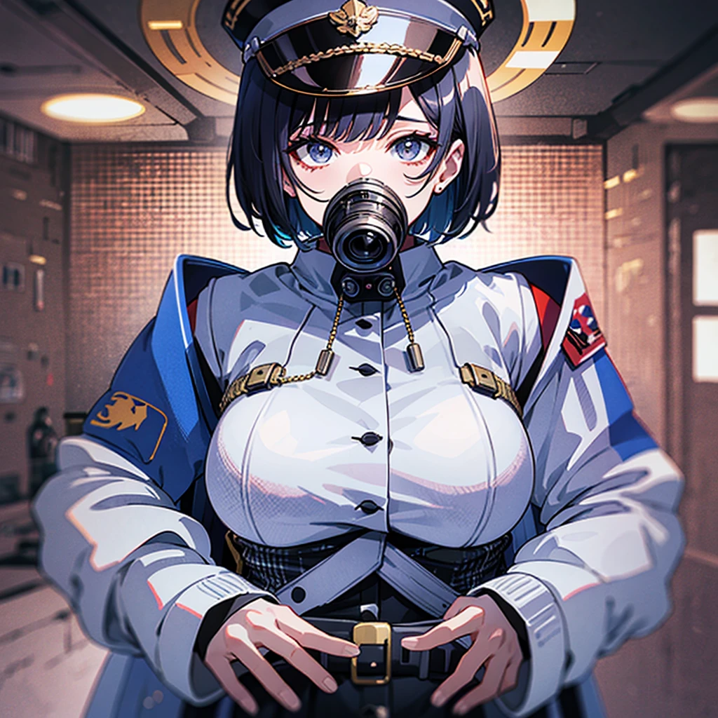 （（（​masterpiece、Top image quality、top-quality、highly detailed unity 8ｋwall-paper）））、（Illustration of one woman）、30-years old、（Viceroy）、（（Black hair bob cut））、（（（Gas mask covering the mouth）））、（（（Gas mask covering the mouth）））、Gray eyes、（（Tall））、（（huge tit））、（（Military uniforms））、（（Military Cap））、（（Military coat））、（white  clothes）、（White pants）、（White cap）、trench coat、（（（Inside a futuristic spaceship、Inside the bridge、The Universe on the Monitor）））