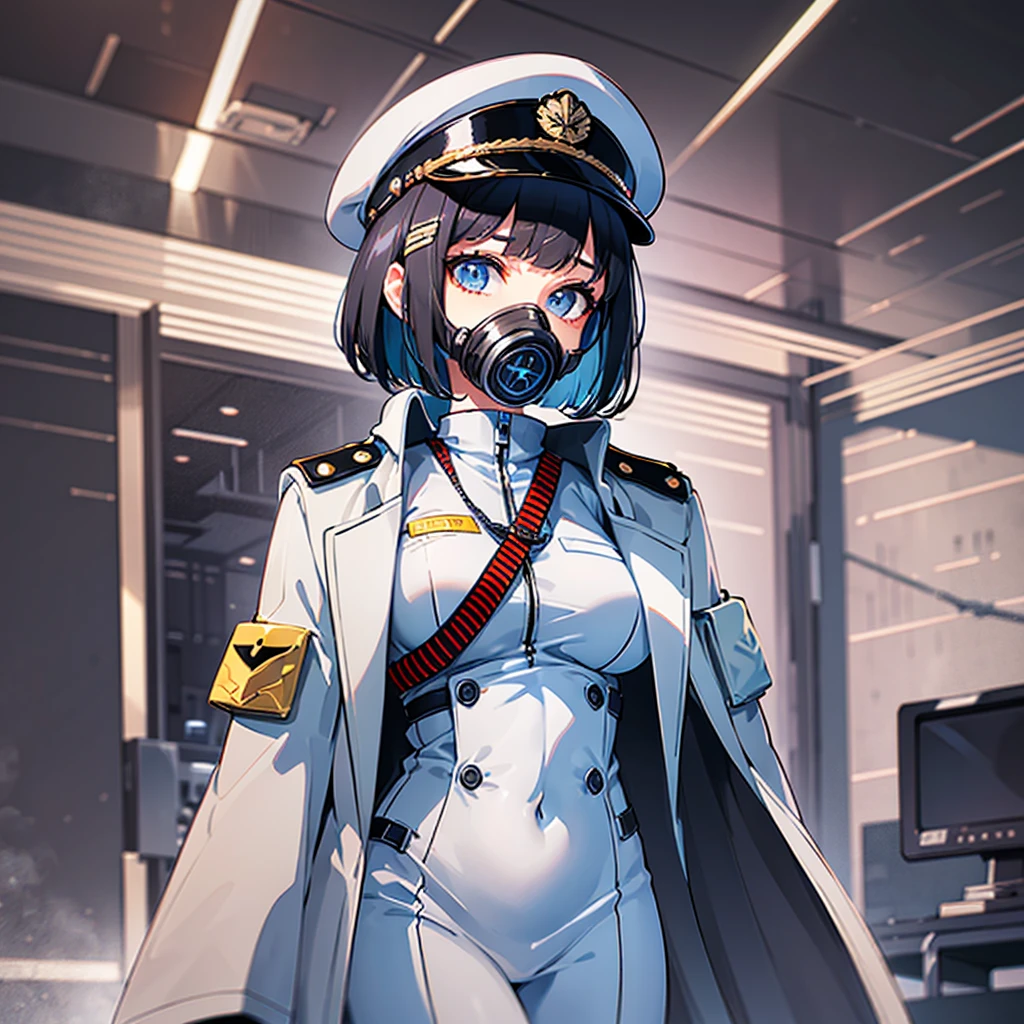 (((masterpiece、Top image quality、top-quality、highly detailed unity 8kwall-paper)))、(Illustration of one woman)、30-years old、(Viceroy)、((Black hair bob cut))、(((Gas mask covering the mouth)))、(((Gas mask covering the mouth)))、Gray eyes、((Tall))、((huge tit))、((Military uniforms))、((Military Cap))、((Military coat))、(white clothes)、(White pants)、(White cap)、trench coat、(((Inside a futuristic spaceship、Inside the bridge、The Universe on the Monitor)))