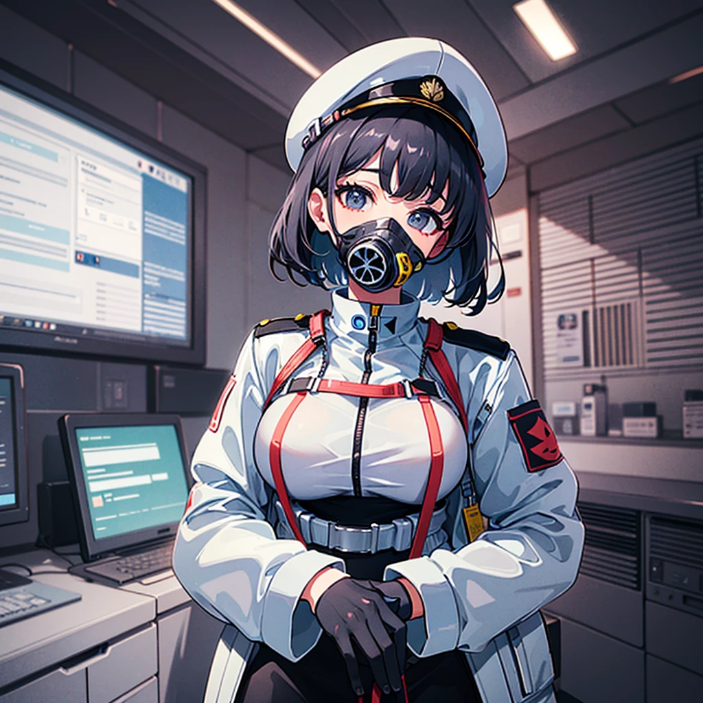 (((masterpiece、Top image quality、top-quality、highly detailed unity 8kwall-paper)))、(Illustration of one woman)、30-years old、(Viceroy)、((Black hair bob cut))、(((Gas mask covering the mouth)))、(((Gas mask covering the mouth)))、Gray eyes、((Tall))、((huge tit))、((Military uniforms))、((Military Cap))、((Military coat))、(white clothes)、(White pants)、(White cap)、trench coat、(((Inside a futuristic spaceship、Inside the bridge、The Universe on the Monitor)))