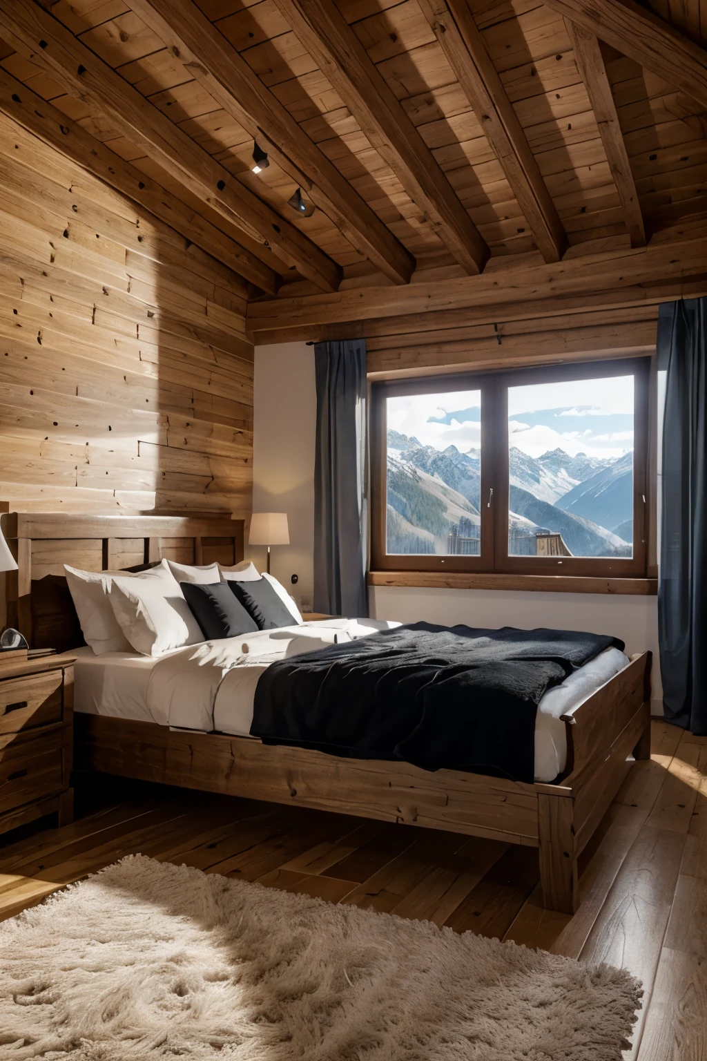 very large bedroom of a mountain house in the Swiss Alps with a large picture window overlooking the snowy mountains, komfortabler Einrichtungsstil, Hyperrealistisch,32 Tsd., best quality, Meisterwerk, Super detailliert, Hohe Detailgenauigkeit
