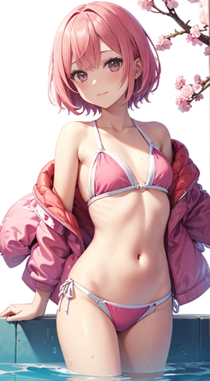 masutepiece, The upper part of the body, 1girl in, Solo,, Pink tones, Manga style, pink cherry blossoms nearby,years, Pink hair、swim wears, The navel is visible、(White background), Looking at the viewer, side front pose