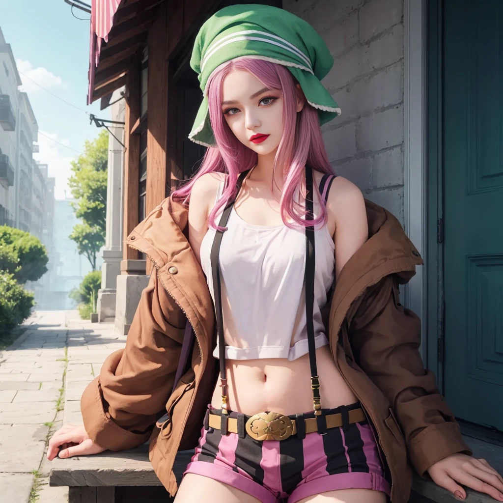 masterpiece, best quality, bny1, 1girl, solo, purple eyes, pink hair, long hair, green headwear, vertical striped shorts, suspenders, white tank top, open jacket, belt, makeup, red lips, midriff, outdoors, scenery