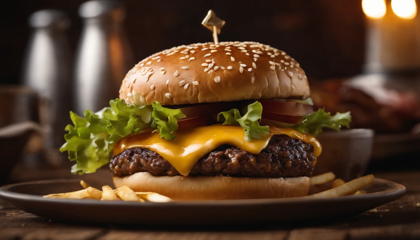 a top-down shot of a cheeseburger on a rustic wooden table, with sesame seeds sprinkled on the bun and a side of crispy golden fries, creating a classic American diner aesthetic
