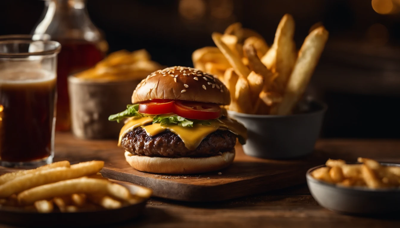 a top-down shot of a cheeseburger on a rustic wooden table, with sesame seeds sprinkled on the bun and a side of crispy golden fries, creating a classic American diner aesthetic