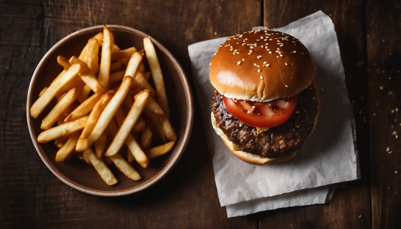 a top-down shot of a cheeseburger on a rustic wooden table, with sesame seeds sprinkled on the bun and a side of crispy golden fries, creating a classic American diner aesthetic