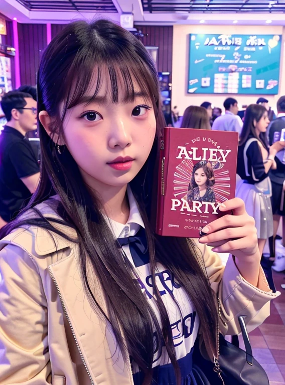 araffe girl holding a book in a restaurant with a party, at the party, 🚿🗝📝, jaeyeon nam, ulzzang, reading for a party, bae suzy, alter, by Ayami Kojima, yukii morita, abcdefghijklmnopqrstuvwxyz, party