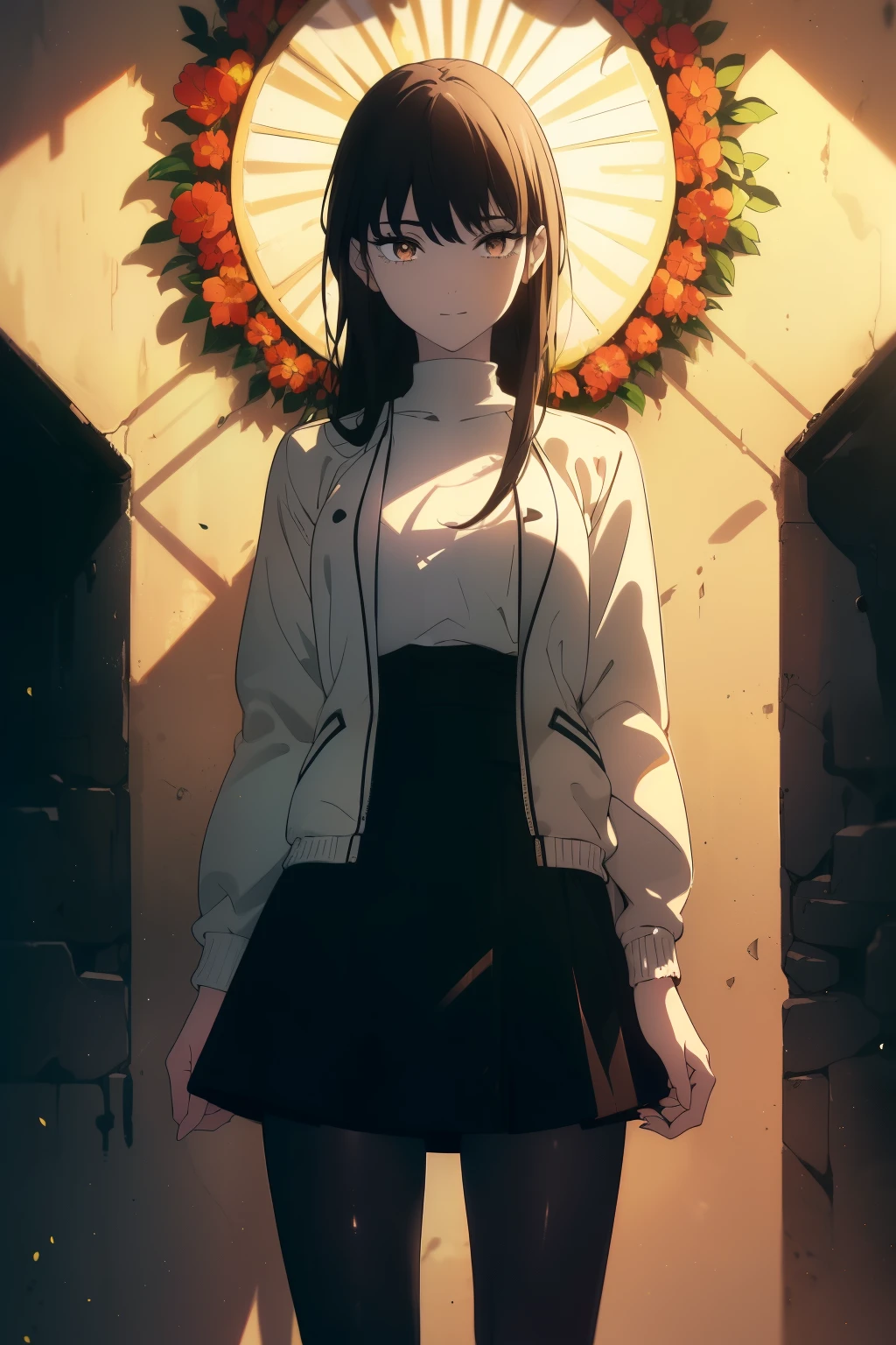 ((((Obra maestra, La mejor calidad, ultrahigh resolution)))), 1girl, standing, ((wearing a miniskirt and cool jacket, tights)), (long black hair in view, in frame), pale skin, ((brown eyes)), (glowing_eyes, luminescent eyes), (ultra detailed eyes:0.7, beautiful and detailed face, detailed eyes:0.9), ((centered)), smile, ((wide shot)), (((vibrant background of outside, flowers, bright lighting, summer, sunlight))), flat chested, looking at viewer, ((perfect hands)), ((head:1, hips, elbows, arms, in view)), ((hands behind back)), beautiful lighting, defined subject, (18 years old), ((cool looking)), ((sun glare))