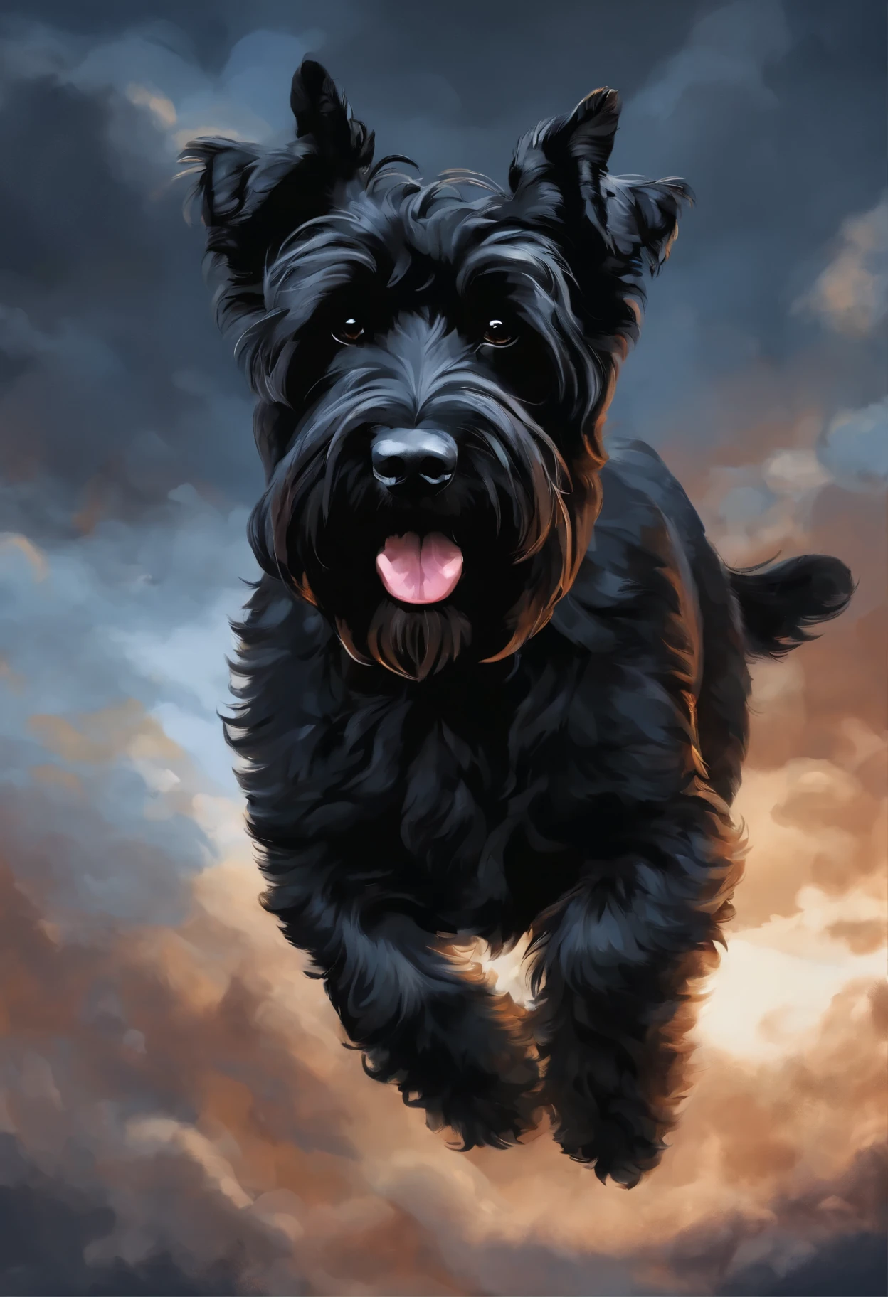 Close-up of black Russian Terrier,  Color (black) runs a race with the clouds,   Русский черный терьер runs a race with the clouds, fluffy clouds, casimir art, illustration of shigenori soejima, boris valejo. Smiling black Russian terrier, Detailed drawing of an anime character, подробный anime key figure, Granblue Fantasy, Beautiful black Russian Terrier in Demon Slayer Art, Taisho Roman, A clear portrait of an RPG, Masamune Shiro, anime key figure