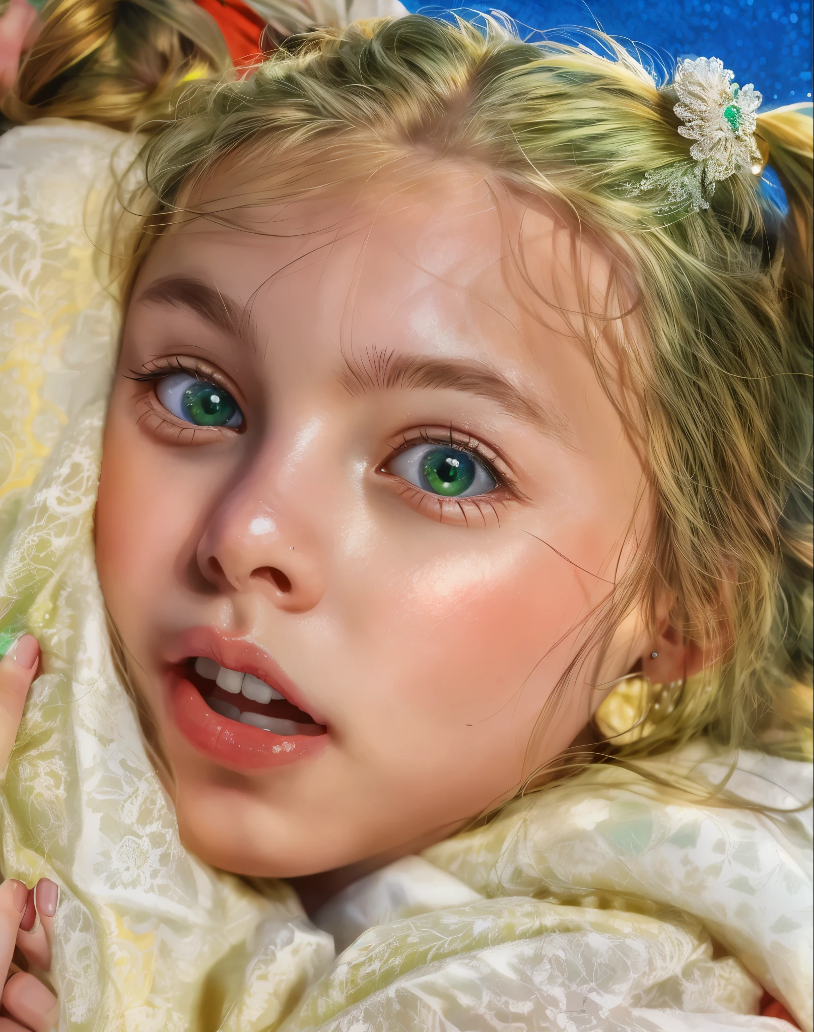 scared beautiful blonde girl with green eyes, 4k, realistic, rim light