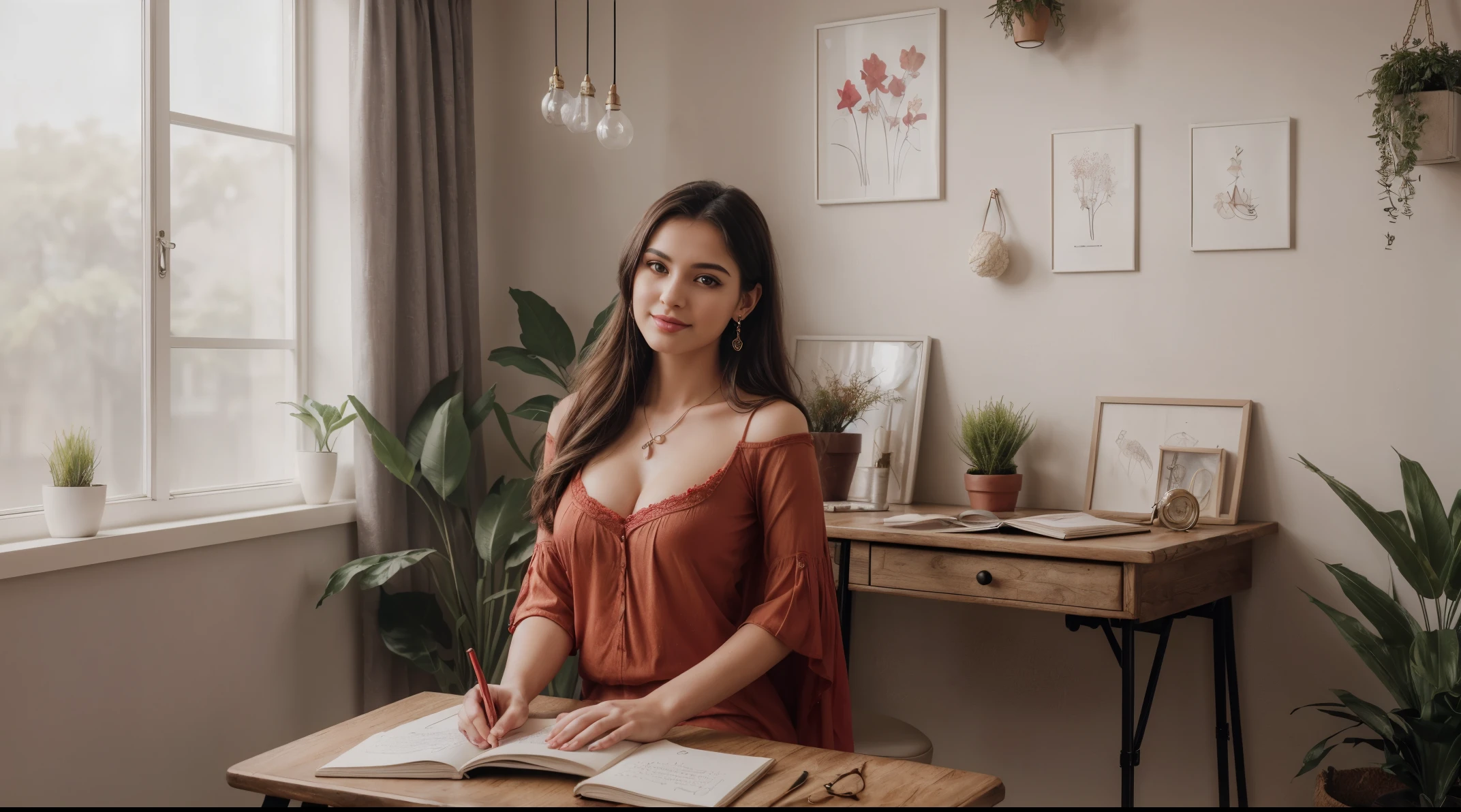 8k, masterpiece, RAW photo, best quality, photorealistic, extremely detailed CG unity 8k wallpaper, Depth of field, Cinematic Light, Lens Flare, Ray tracing, (extremely beautiful face, beautiful lips, beautiful eyes), intricate detail face, ((ultra detailed skin)) 1girl, 17years old, studying in her aesthetic room, deep shadow, [Raiana-Elizabeth-Dilla], pretty girl, (very slim slender fit-muscled body:1.3), ((looking at viewer)),(big smile:1), (sexy ((ultra-short ((red:1.3)) bohemian-style mini-shirt-dress, traditional fashion),(without people in the background:1.3), girl studying in her aesthetic room, cozy atmosphere, natural lighting, vintage furniture, inspiring quotes on the walls, plants and flowers on the windowsill, warm color palette, soft and comfortable seating area, beautiful artwork on the walls, dainty desk accessories, organized bookshelves, a cup of coffee on the table, dreamy curtains, fairy lights, motivational books and stationery, a cozy blanket, a laptop and notebooks on the desk, a peaceful and calm ambiance, serene music playing in the background. beautiful earrings, bracelets, necklace, clear eyes, (pale skin), (big eyeace forward, ((full body cinematic shot)), (black hairs), (looking at viewer:1.3) open breast, very slim, large breasts, touching the breast, highly detailed, ultra realistic,