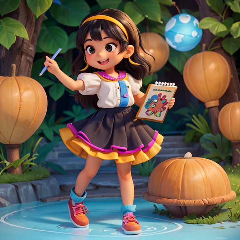 Naually - A Artista Sonhadora:
Naually is a creative artist, cerca de 4 anos, cor de pele morena, com seus cabelos pretos caracolados delicadamente. Her black eyes sparkle with vibrant imagination and a charming smile.. Wearing a flowing skirt, Meias coloridas, and comfortable shoes, She carries her sketchbook and colored pencils with joy. His expression shows concentration as he transforms the world around him into a realm of fantasy, Creating magical illustrations and enchanting stories.