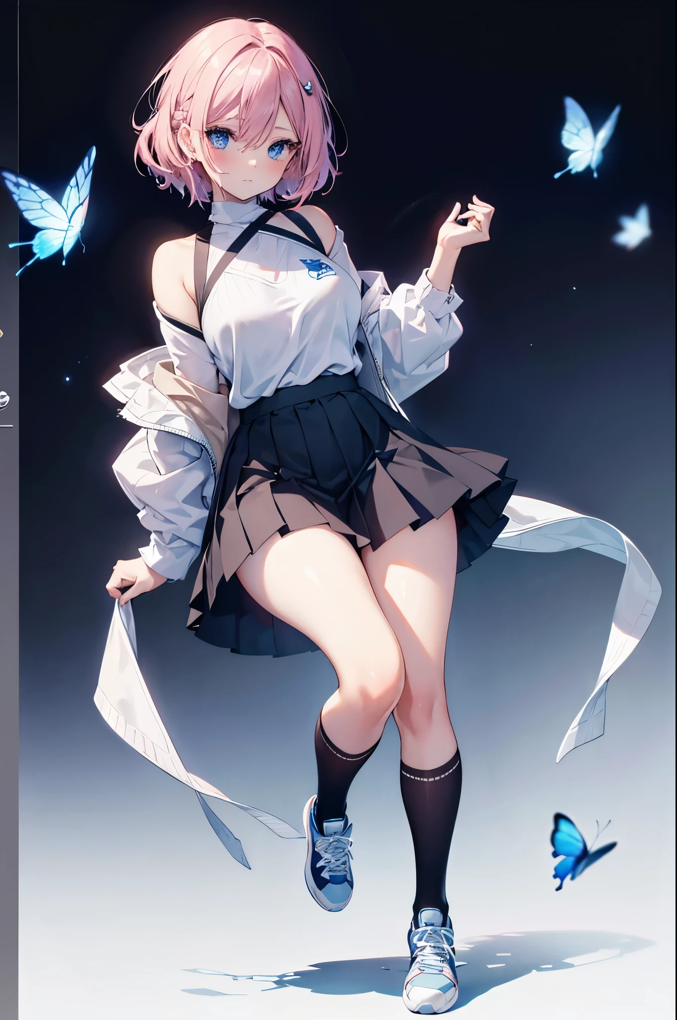Detailed image, realistic image, 1 girl, short salmon colored hair, combed with two butterfly shaped accessories on both sides of her hair, blue eyes with long eyelashes, cute oval face, small breasts, curvy body. she is wearing an off-shoulder shirt, pleated mini skirt, stockings to mid-thigh, sneakers. Full body view, black background, uniform background, ambient light, volumetric light,