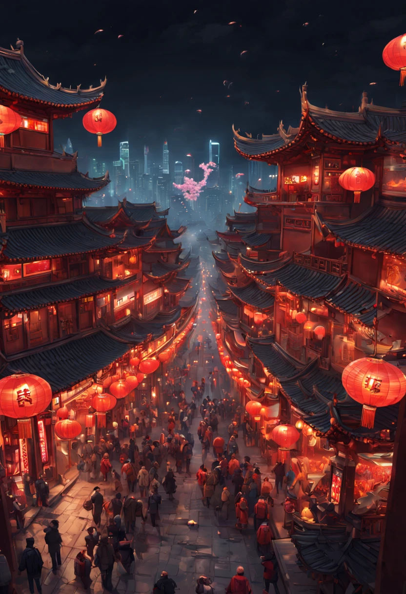 city view, Night, Chinese New Year decorations, by wu daozi, enhance, intricate, (best quality, masterpiece, Representative work, official art, Professional, unity 8k wallpaper:1.3)