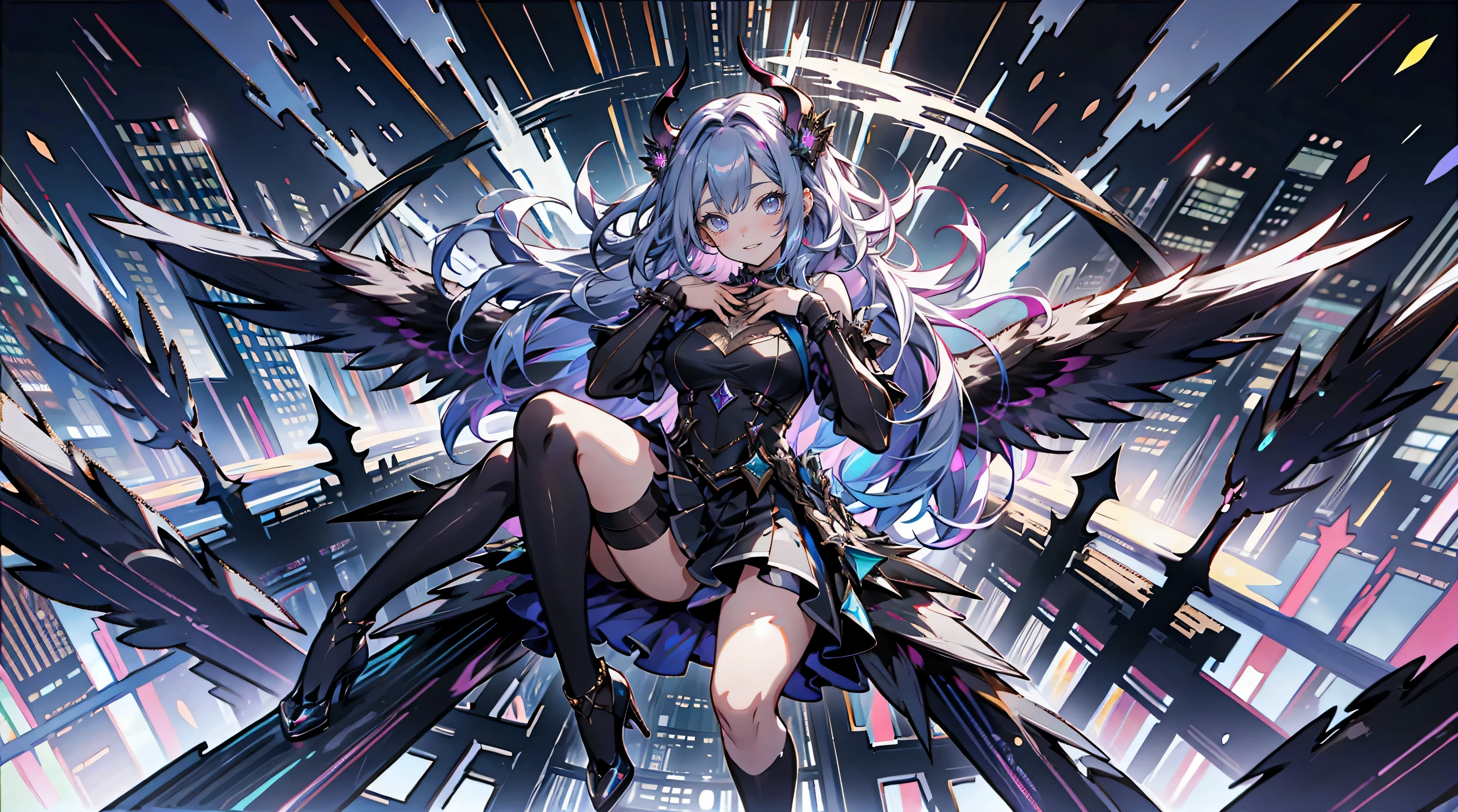 laughing heartily, gradient eyes, full body, (The girl protagonist overlooking the demonic city from above:1.2), (Manhattan city:1.2),