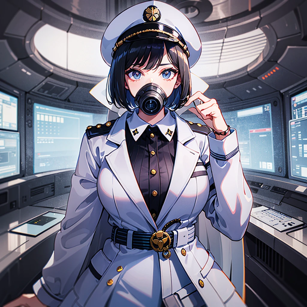 (((masterpiece、Top image quality、top-quality、highly detailed unity 8kwall-paper)))、(Illustration of one woman)、30-years old、(Viceroy)、((Black hair bob cut))、(((Gas mask covering the mouth)))、(((Gas mask covering the mouth)))、Gray eyes、((Tall))、((huge tit))、((Military uniforms))、((Military Cap))、((Military coat))、(white clothes)、(White pants)、(White cap)、trench coat、(((Inside a futuristic spaceship、Inside the bridge、The Universe on the Monitor)))