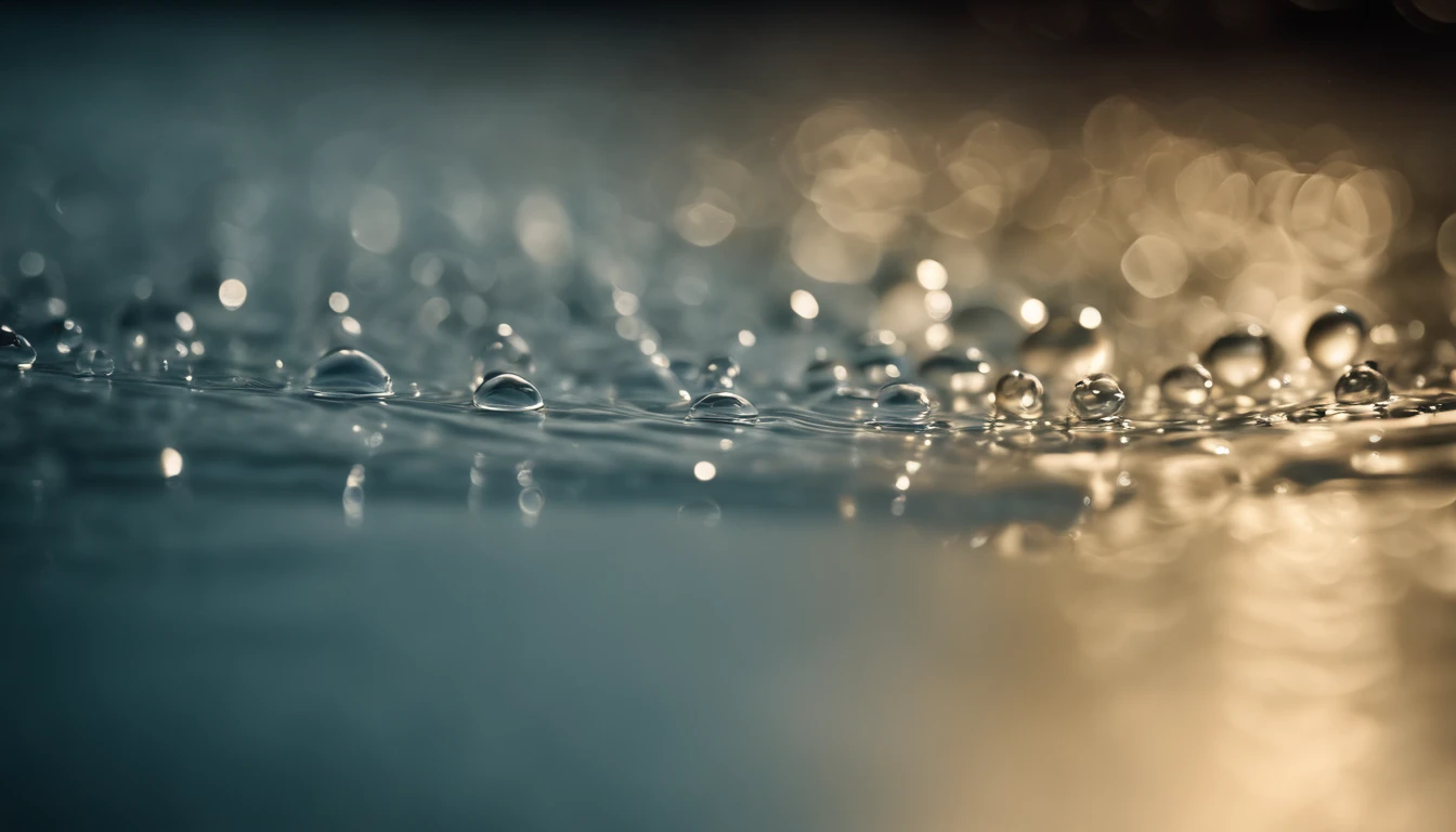 an abstract shot of water droplets on a vibrating surface, with multiple droplets creating unique and unpredictable patterns, showcasing the chaos and beauty that arises from the influence of vibration on water