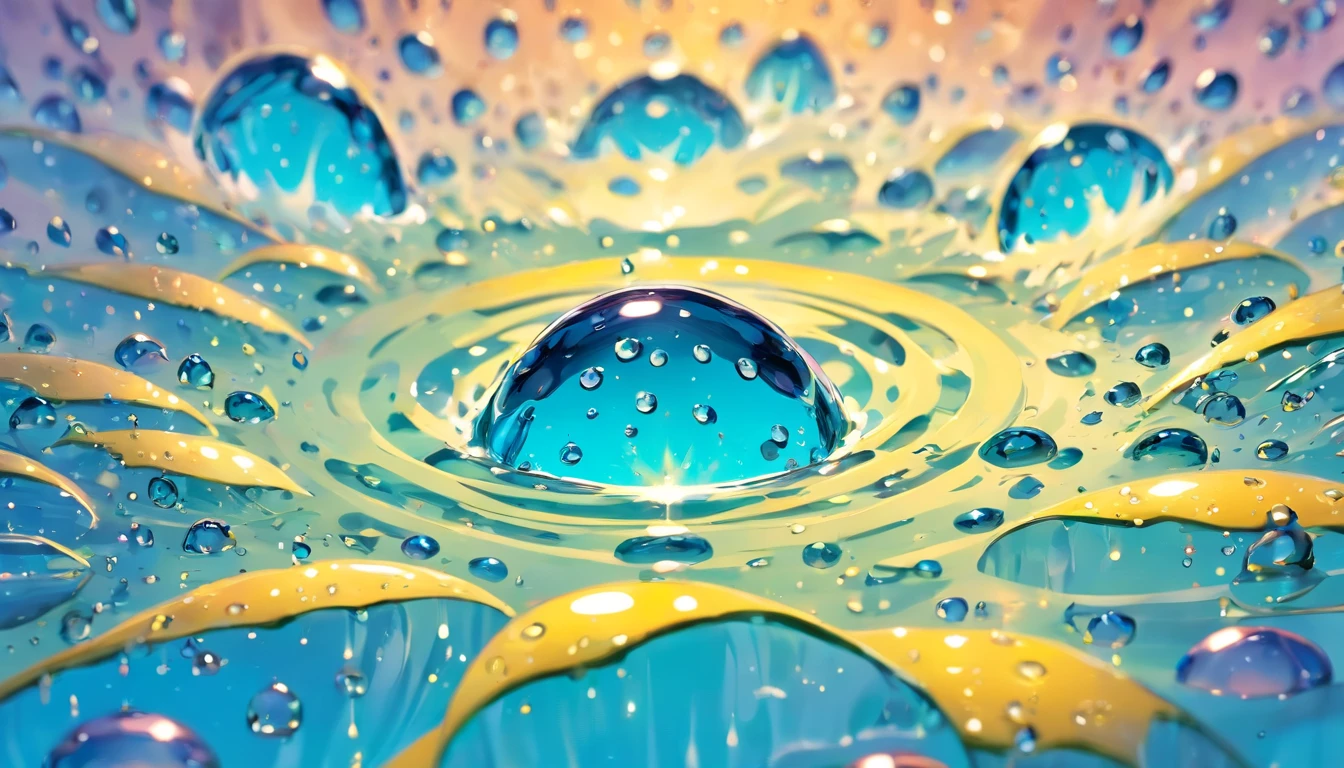 an abstract shot of water droplets on a vibrating surface, with multiple droplets creating unique and unpredictable patterns, showcasing the chaos and beauty that arises from the influence of vibration on water