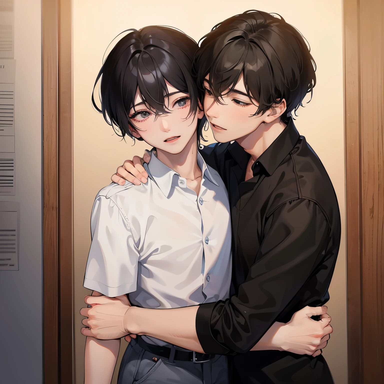 身長差のあるTwo men性、men and little men、Black-haired man、Man hugging each other、A detailed face、Happy expression on face、Lovers、Boys Love、make love、Two men
