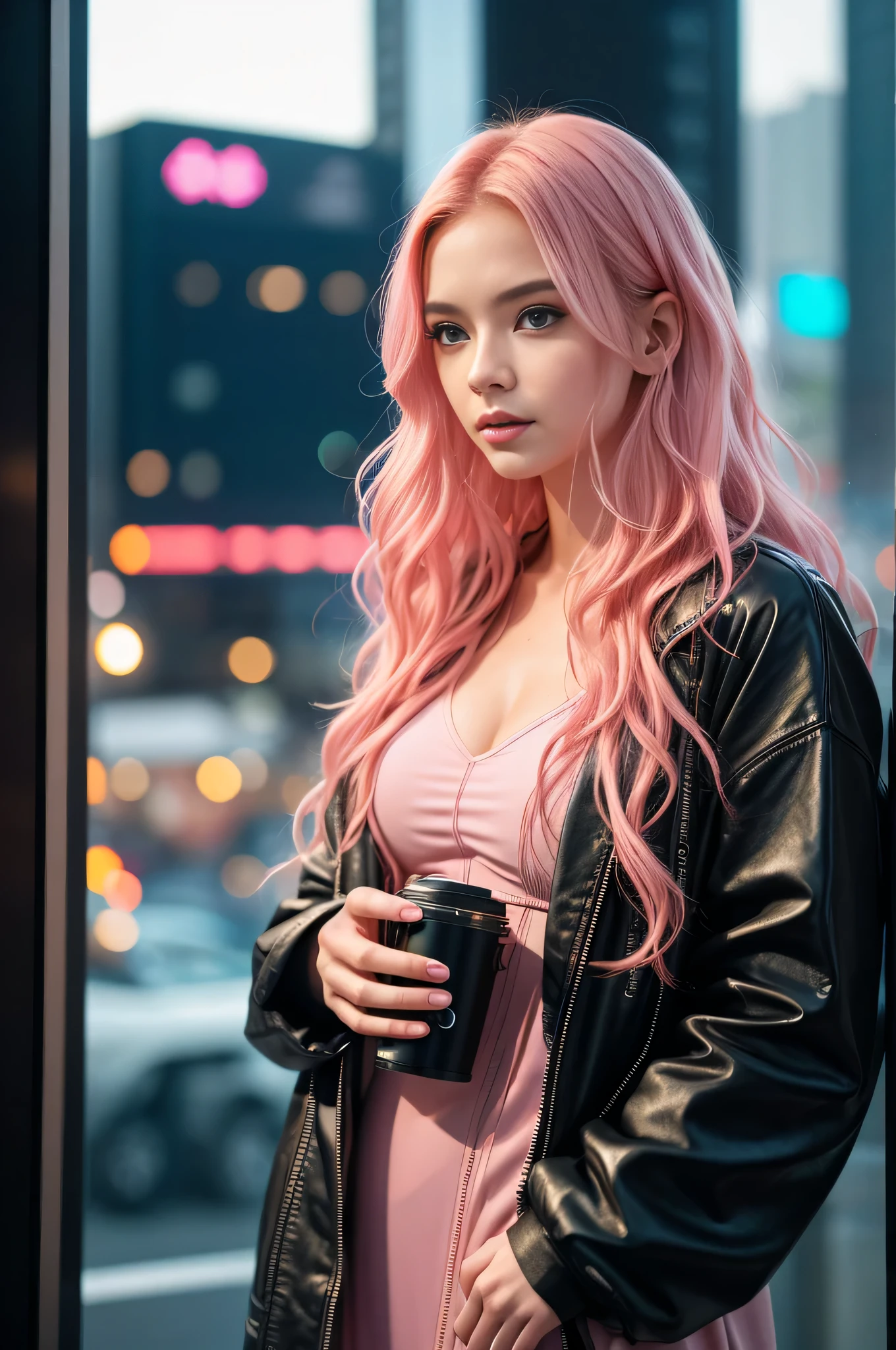 linda mulher de 19 anos, Longas, ondulado, cabelo rosa, Olhos azuis franceses e detalhados, Rosto detalhado, camera ready, Pele de alto detalhe, corpo compacto forte, (average cup size), usando vestido cyberpunk com muitos detalhes, cor rosa, fundo futurista da cidade cyberpunk, Enevoado, humid, Chovendo, Melhor Qualidade de Obra-Prima, foto realista, intrinsecamente detalhado, 8k, HDR, profundidade de campo rasa, .RAW, looking at the camera, livre