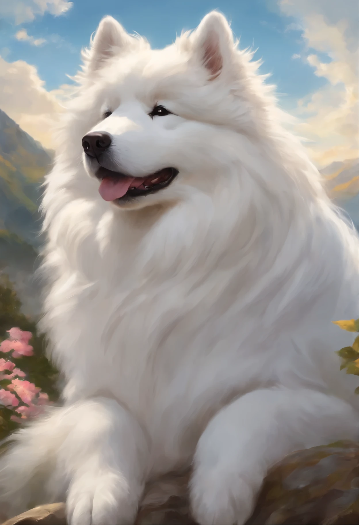 Close-up of a Samoyed dog with a girl looking at the mountains and clouds,  Color (white fluffy) runs a race with the clouds, собака породы  самоед runs a race with the clouds, fluffy clouds, casimir art, illustration of shigenori soejima, boris valejo. Smiling Samoyed, Detailed drawing of an anime character, подробный anime key figure, Granblue Fantasy, Beautiful black Russian terrier in demon slayer art, Taisho Roman, A clear portrait of an RPG, Masamune Shiro, anime key figure