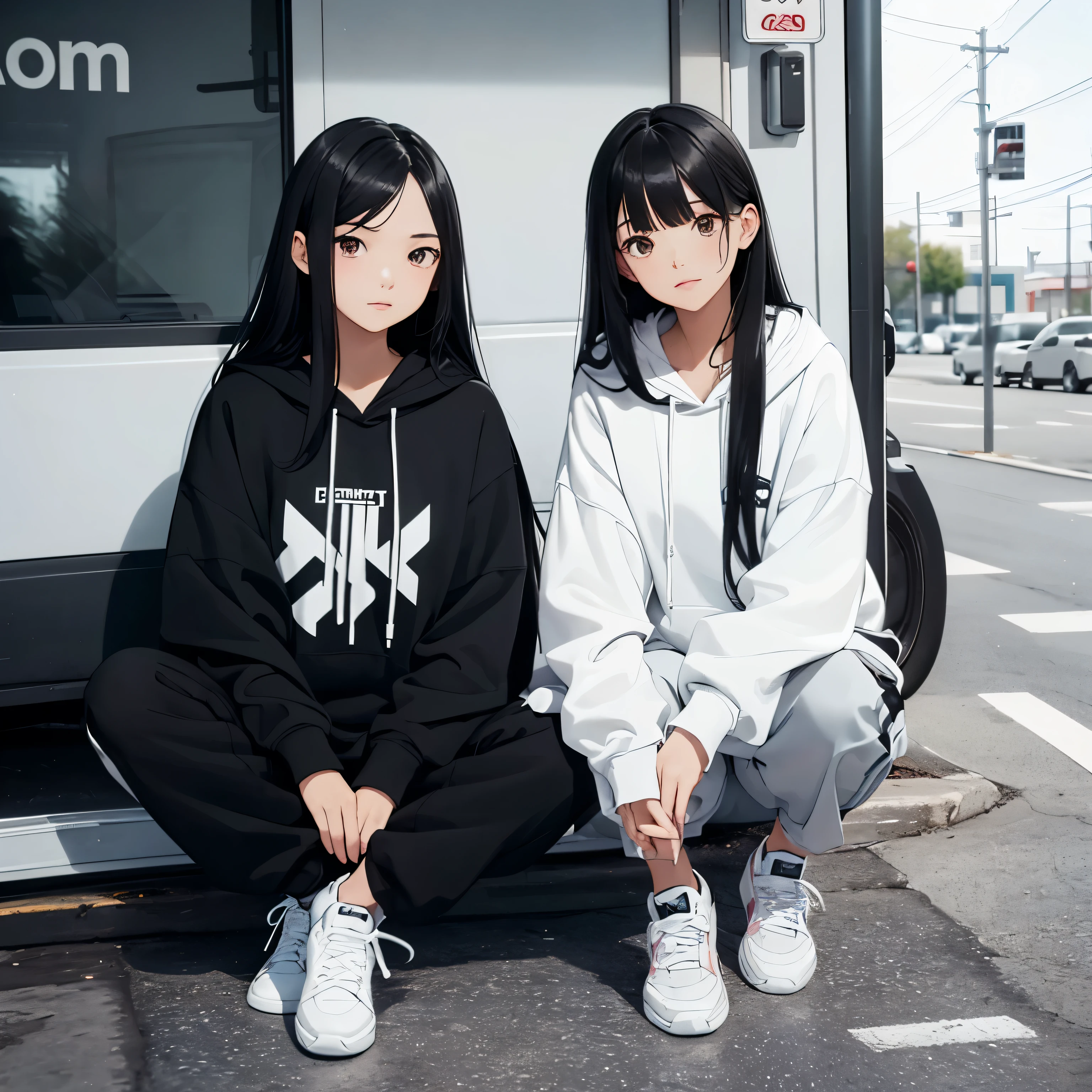Two beautiful and cute girls, long black hair, black and white hoodie, trousers, sneakers, tall, decent, roadside, sit