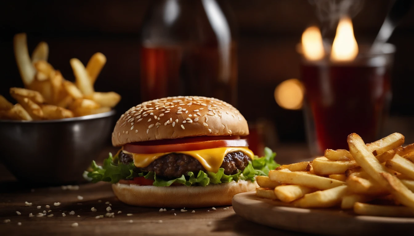 a top-down shot of a cheeseburger on a rustic wooden table, with sesame seeds sprinkled on the bun and a side of crispy golden fries, creating a classic American diner aesthetic