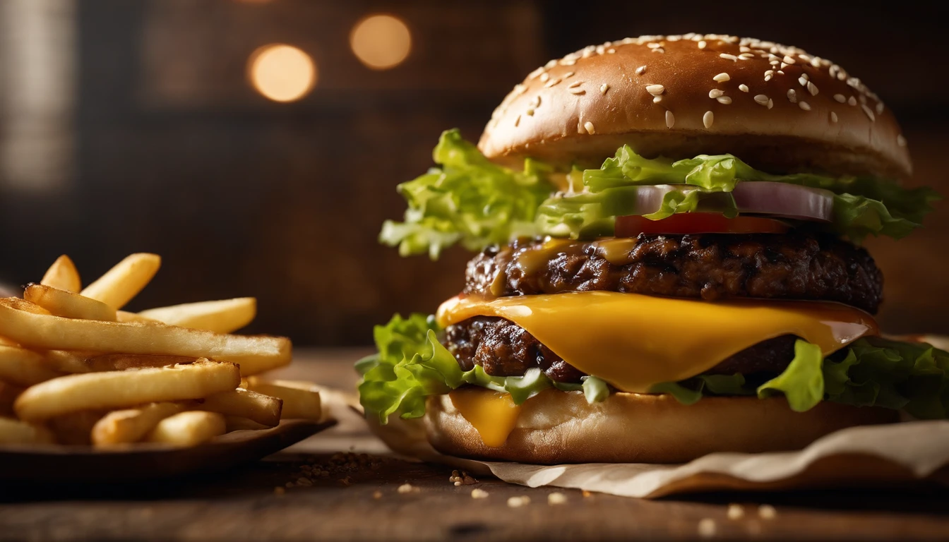 a top-down shot of a cheeseburger on a rustic wooden table, with sesame seeds sprinkled on the bun and a side of crispy golden fries, creating a classic American diner aesthetic