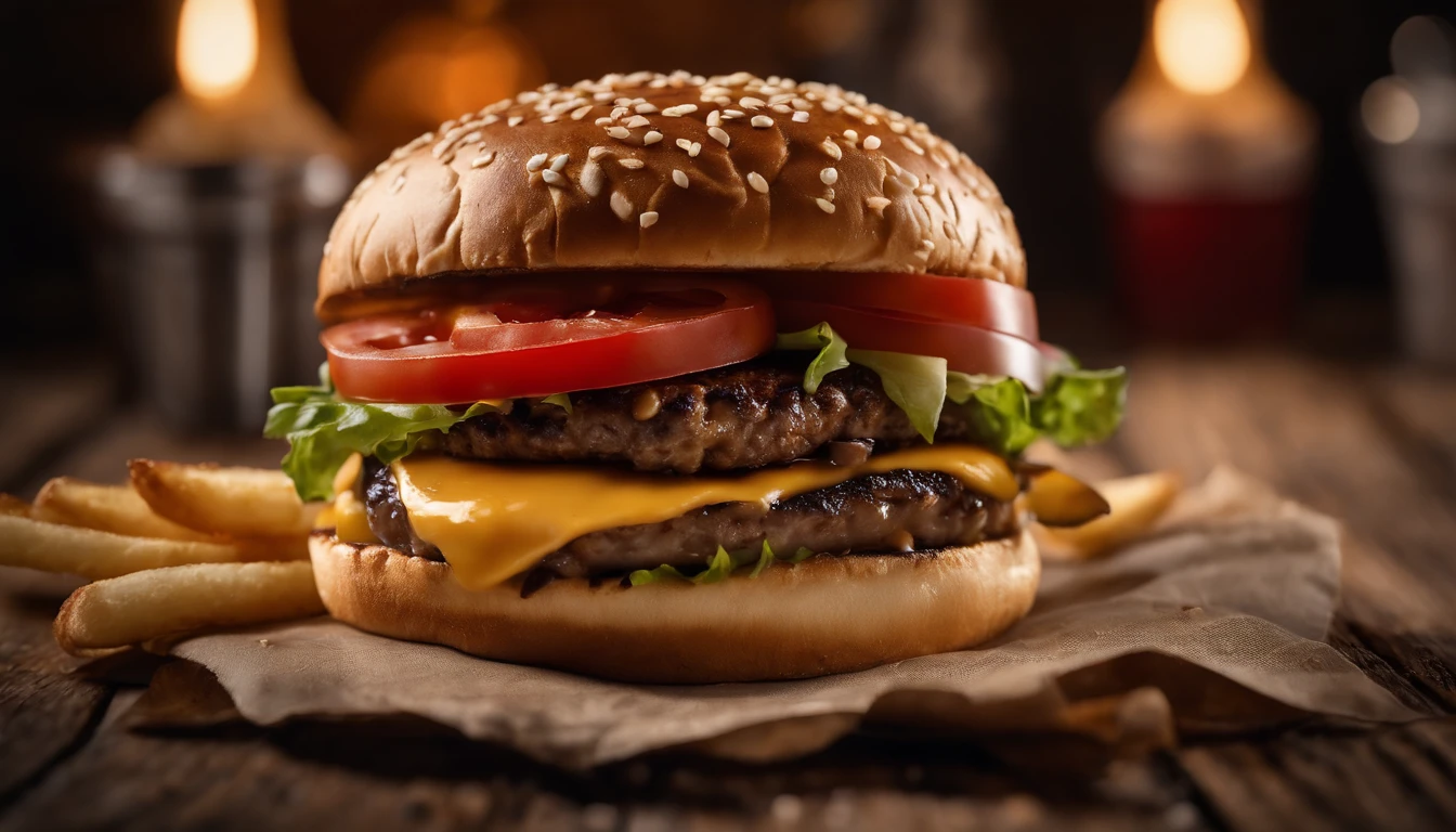 a top-down shot of a cheeseburger on a rustic wooden table, with sesame seeds sprinkled on the bun and a side of crispy golden fries, creating a classic American diner aesthetic
