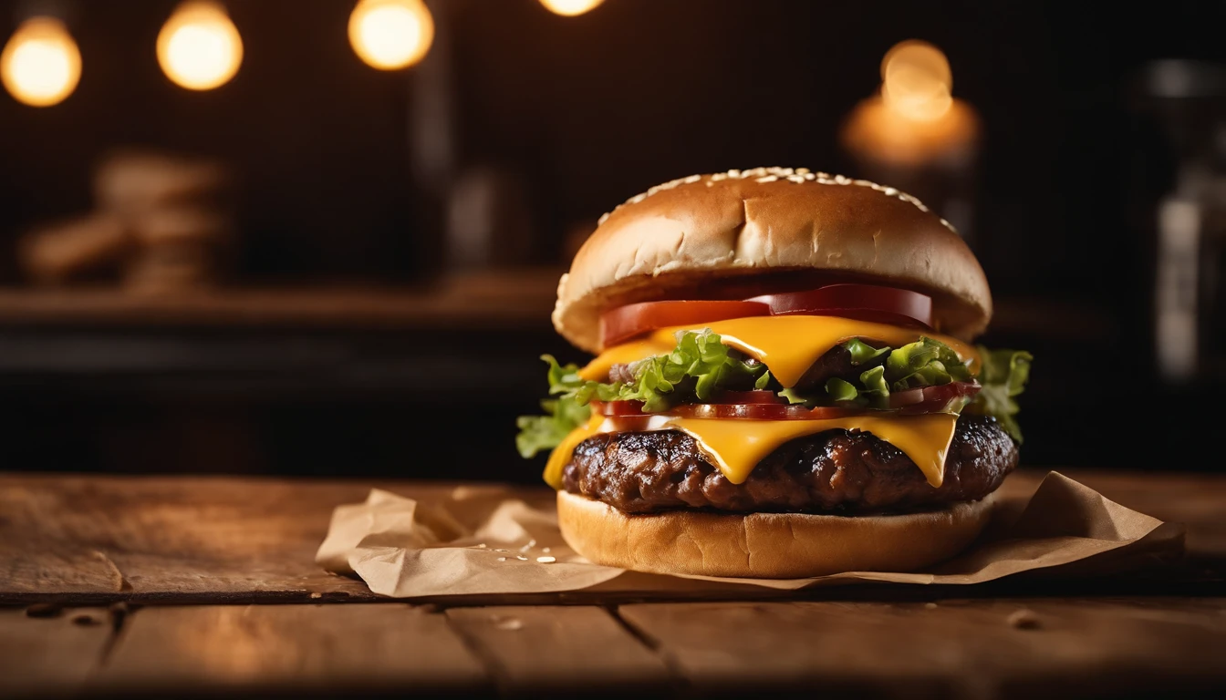 a top-down shot of a cheeseburger on a rustic wooden table, with sesame seeds sprinkled on the bun and a side of crispy golden fries, creating a classic American diner aesthetic