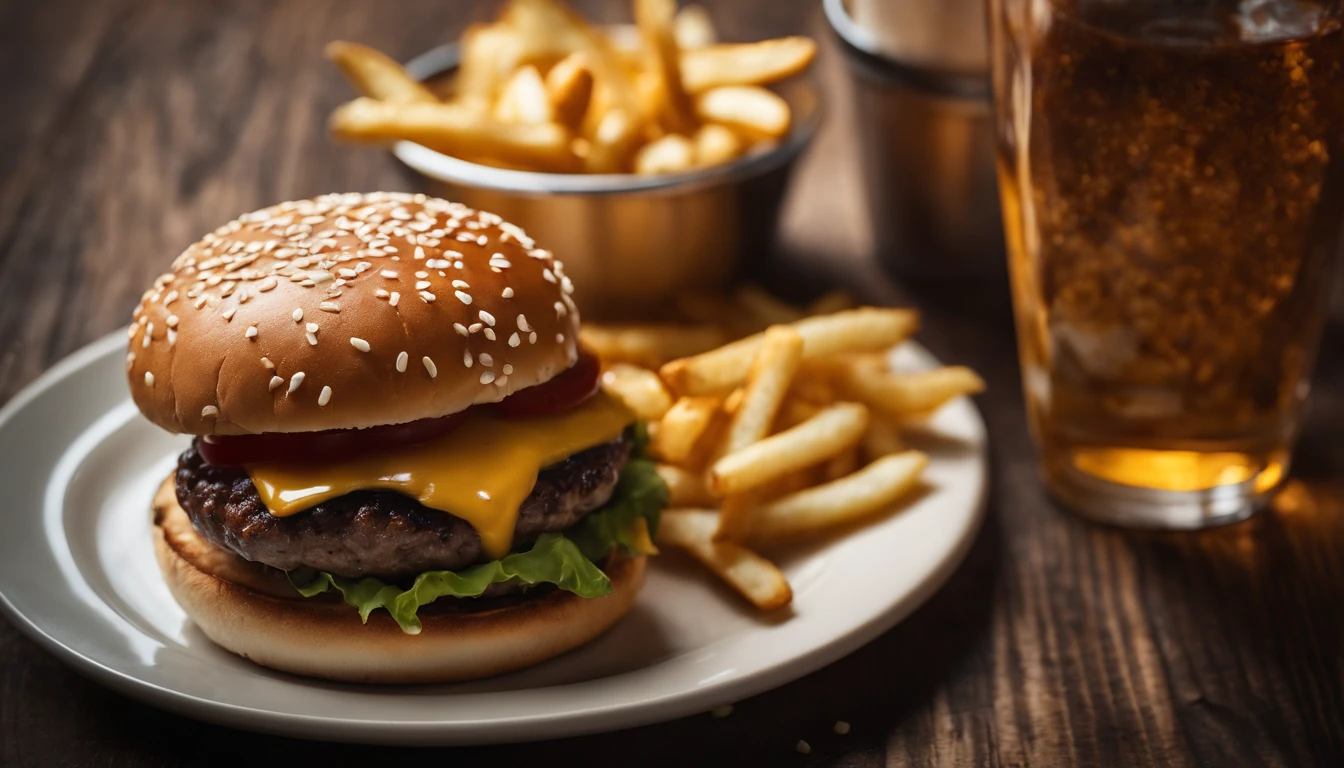 a top-down shot of a cheeseburger on a rustic wooden table, with sesame seeds sprinkled on the bun and a side of crispy golden fries, creating a classic American diner aesthetic